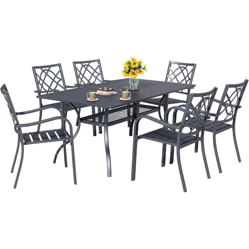 7 Piece Patio Table Set, 6 Persons Outdoor Table and Chairs, 6 Persons Metal Chair, 1.57 Inch Umbrella Hole Slatted Table Top