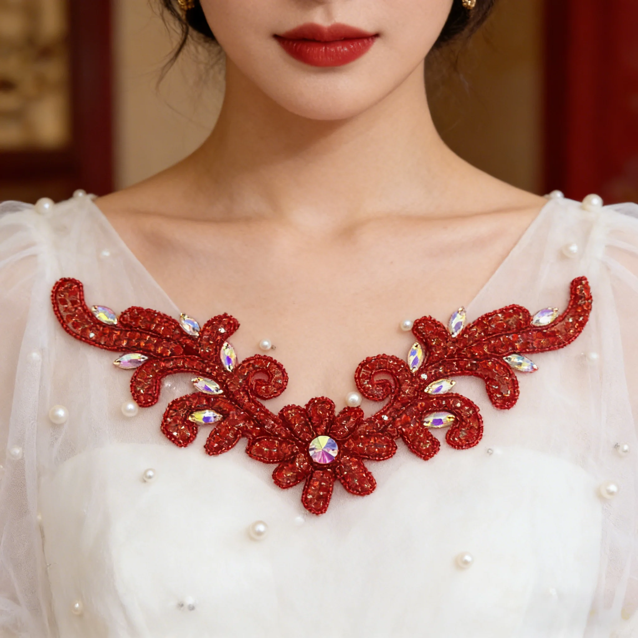 Heavy-Duty Beaded Rhinestone Appliques Are Used as Chest Decorations and Are Attached to the V-Neck/Square Neck Edges, or as Decorative Neckline Embellishments with Hand-Sewn Glass Rhinestones