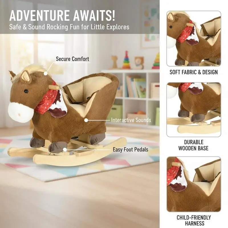 Rocking horse, rocking animal, integrated seat, safety belt, sound function, neighing, 18-36 months, brown view 6
