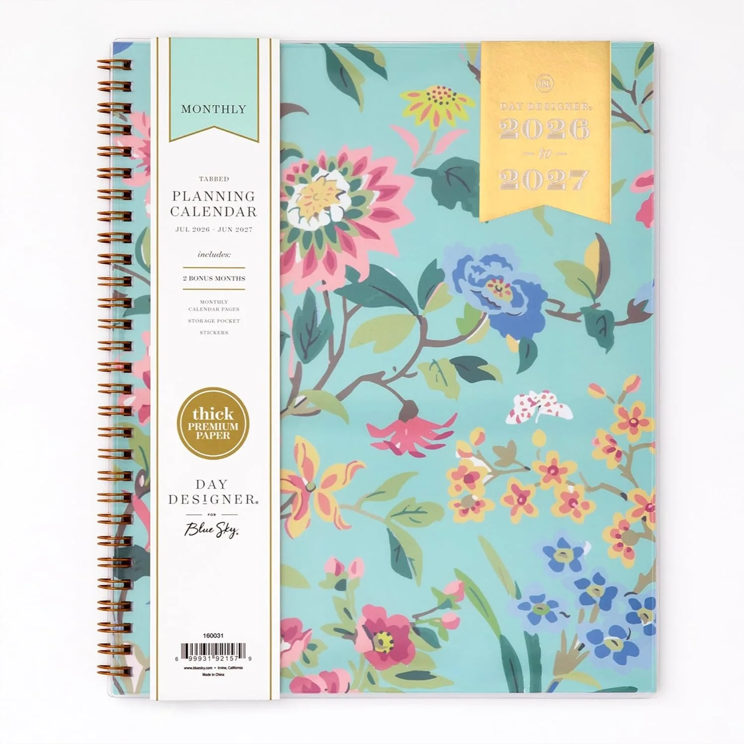 

Monthly Academic Year Planner July 2026-June 2027, 8x10 Wirebound with Laminated Tabs, Climbing Floral Mint
