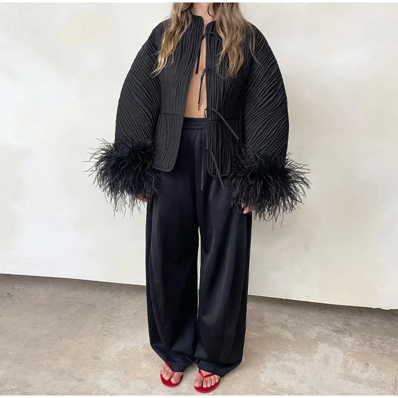 Solid Color Strap Feather Jacket 2024 Fashion Women's Autumn Winter Personalized Street Coat