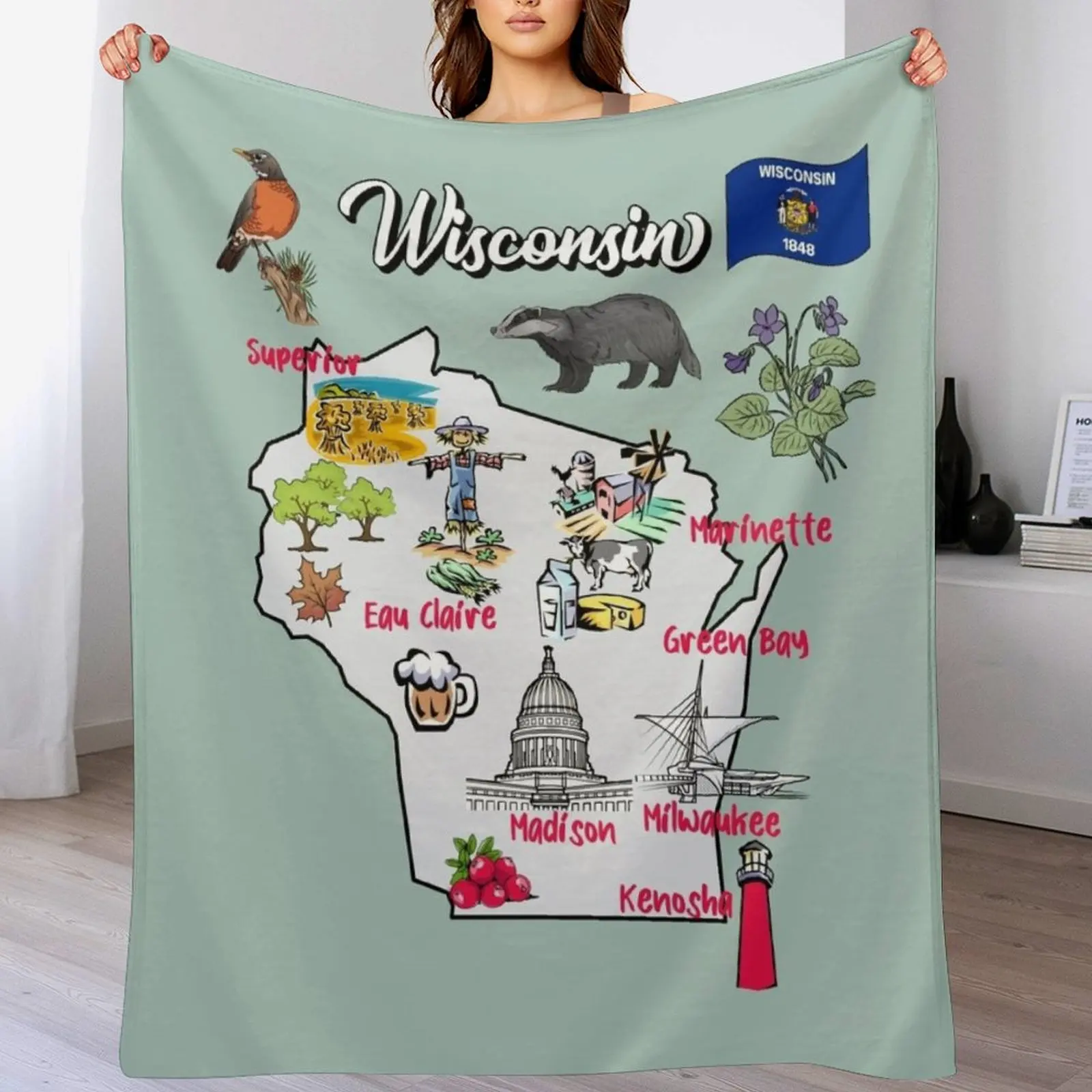 Hand Drawn Illustration of Wisconsin Map with Tourist Destinations, attractions, USA Throw Blanket Furrys Hair Blankets