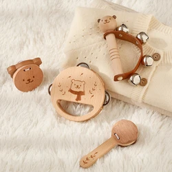 Wooden Baby Montessori Rattle Toy Animal Bear Shape Hand Bell Toy BPA Free Rodent Teething Necklace Food Grade Baby Chewable Toy