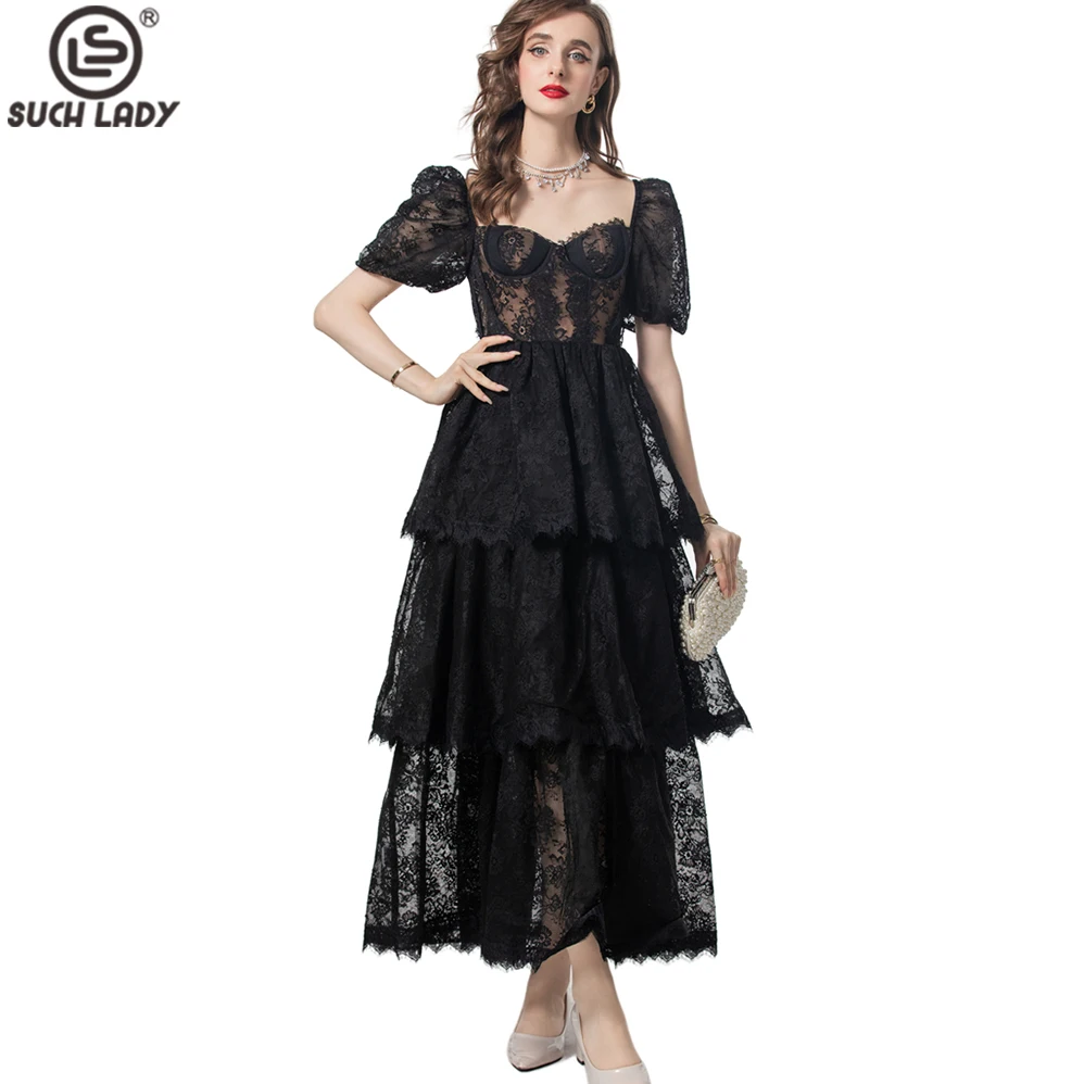 

Women's Dresses Sweetheart Short Sleeves Embroidery Lace Tired Ruffles Elegant Fashion Designer Party Vestidos