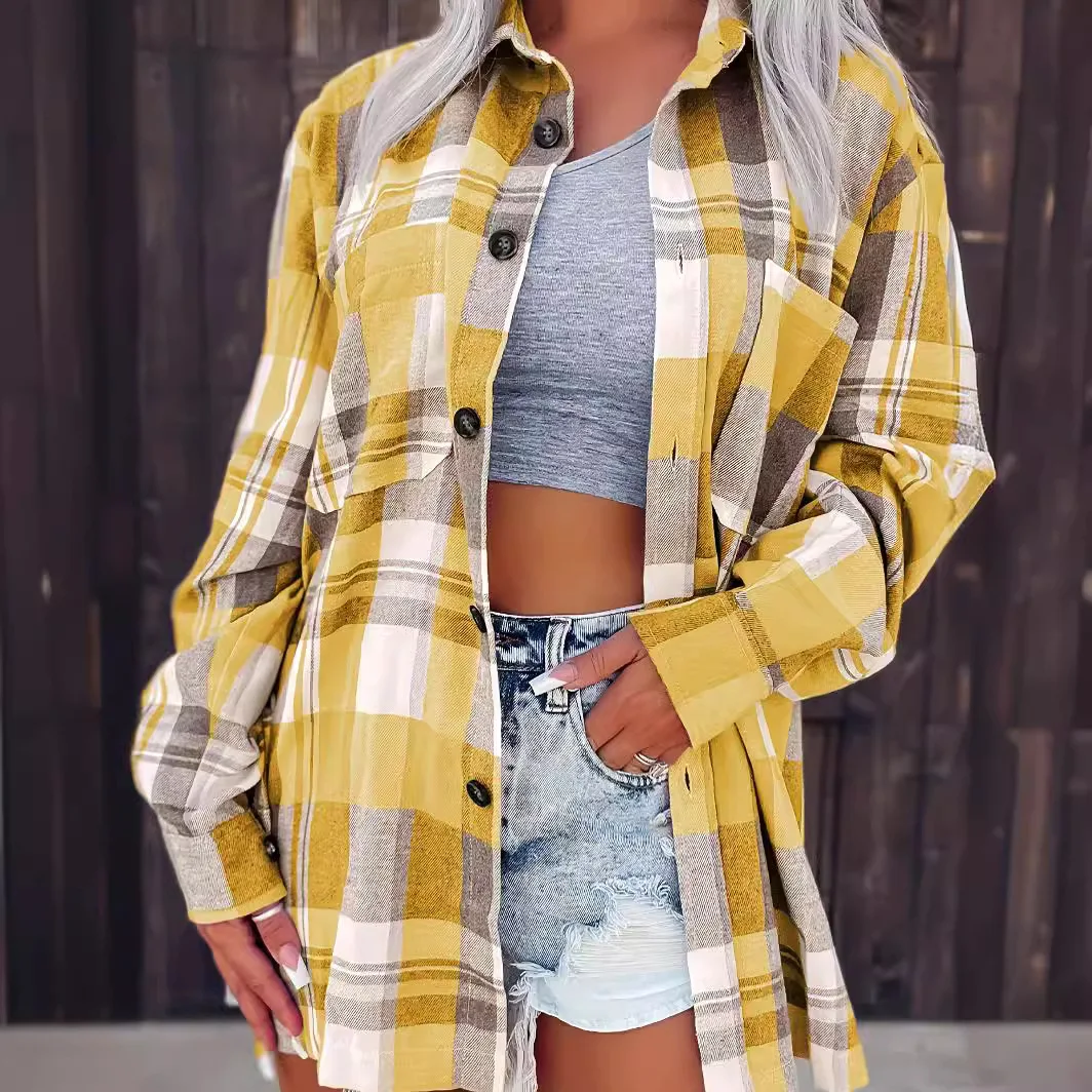 

Women's Casual Plaid Long Sleeved Lapel Cardigan Womens Plaid Shirt Tops Рубашка Женская Зимняя Camisa Manga Larga Mujer 가을여성옷