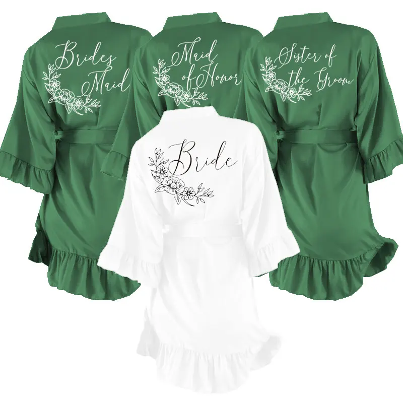 

AlterEgo A027 Dark Leaf Green Robes Bride Bridesmaid Dressing Gown Satin Wedding Robes White Bridal Ruffle Robe Soft Silky Robes