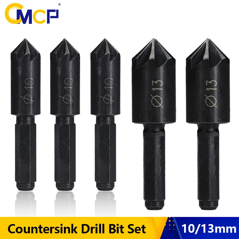 CMCP Chamfering Drill 2pcs 10/13mm 7 Flute Countersink Drill Bit 1/4\'\' Hex Shank Carbon Steel Wood Metal Hole Cutter Drill