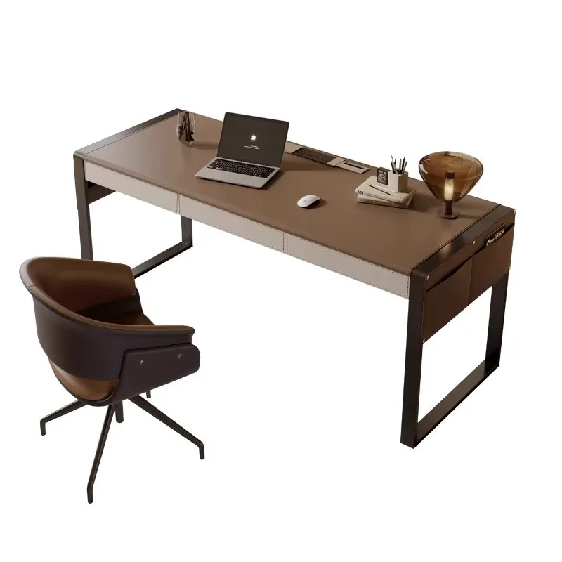 

Italian light luxury saddle leather desk home office simple solid wood writing desk computer desk