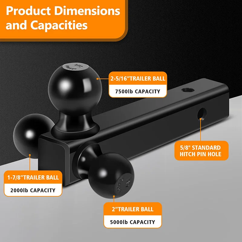 Trailer Hitch Hollow Shaft Triple Ball Mount 1-7/8”2”and 2-5/16”Tri-Ball Hitch Balls Hollow Shank Fits for 2”Receiver