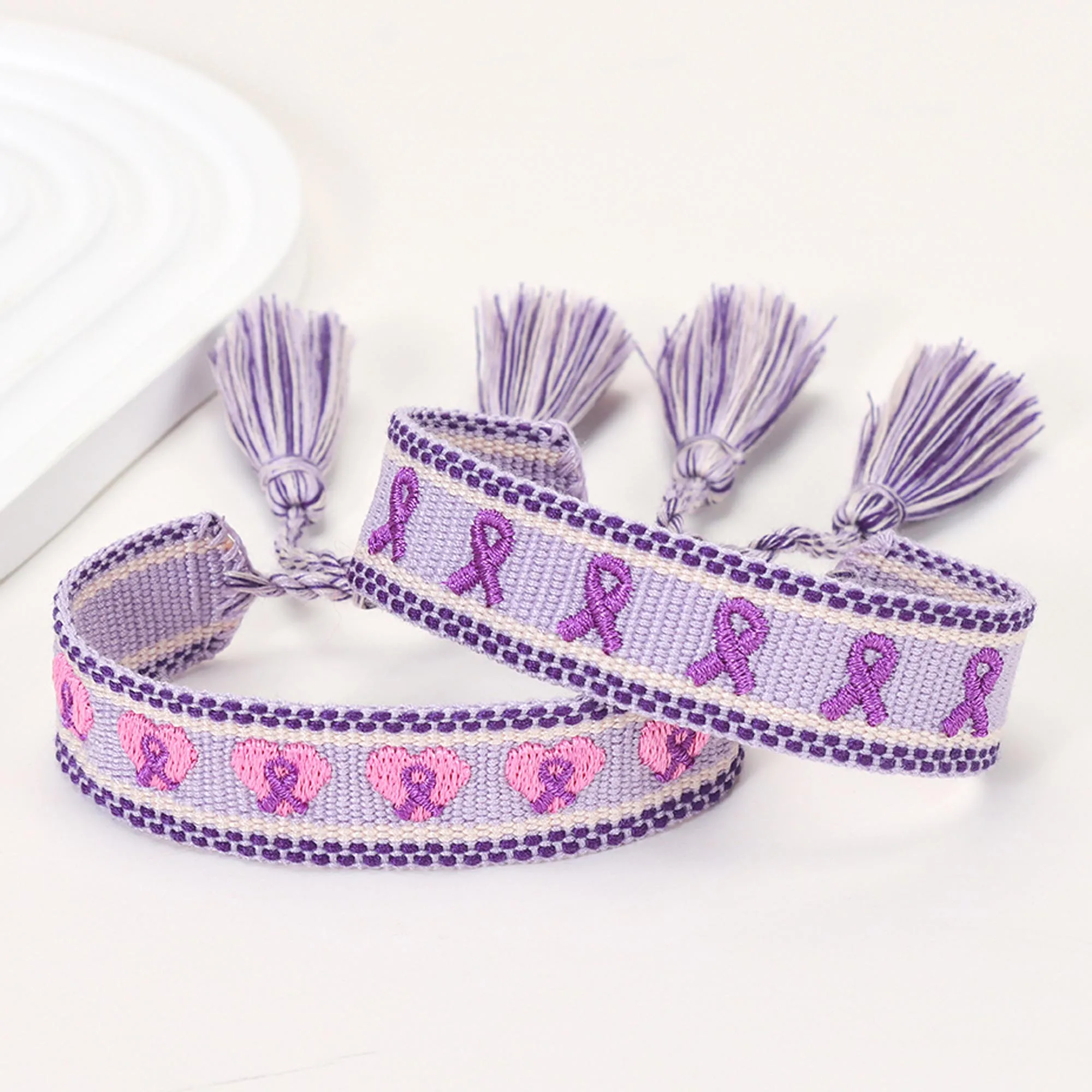 4pcs Pink Breast Cancer Awareness Bracelets Faith Hope Cure Embroidered Wristband Women Handmade Tassel Braided Rope