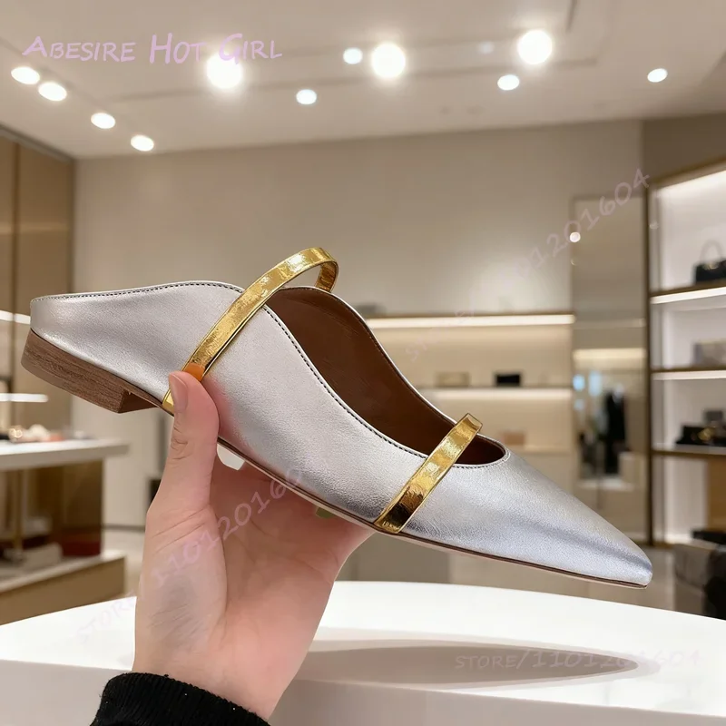 البغال المسطحة جلد أسود حزام الذهب المرأة عادية المنزل الكاكي وأشار النعال جوفاء الفضة الجانب موجة حذاء قماش جلد أبيض
