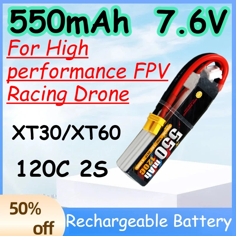 

550mAh 2S 7.6V 120C Replace Rechargeable Lipo Battery for High-performance FPV Racing Drone Battery with XT30 XT60 Plug