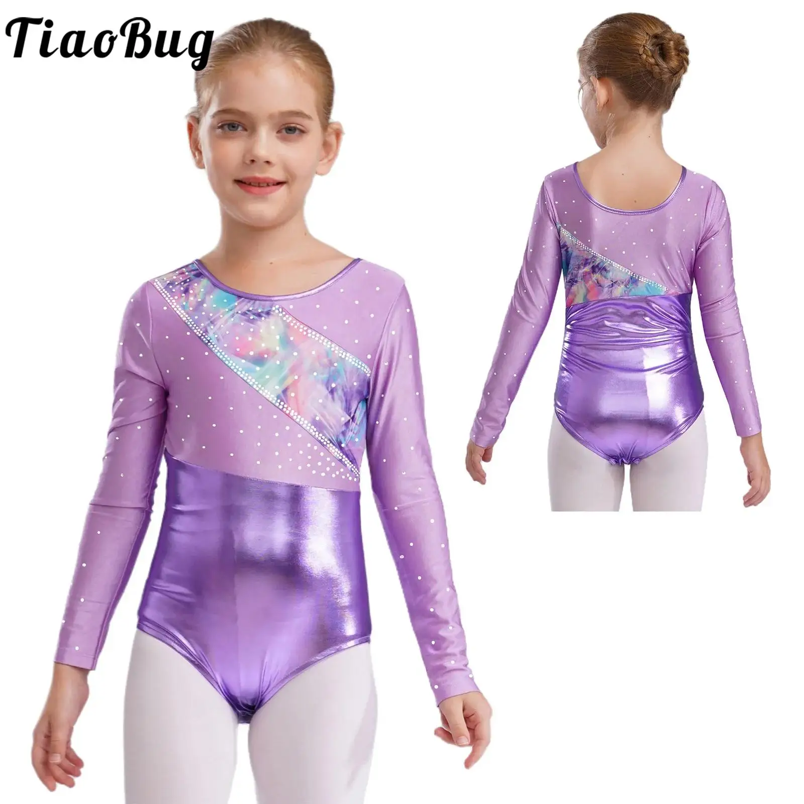 Girls Metallic Long Sleeve Ballet Gymnastics Leotard Artistic Skating Costume Bodysuit Jumpsuit for Dance Practice Performance