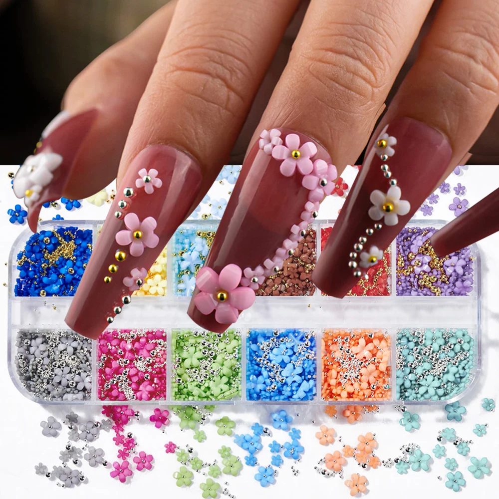 12 Colors 3D Flowers Nail Charms Pastel Acrylic Flower with Gold Silver Caviar Beads Nail Decorations Mixed Rhinestones Craft