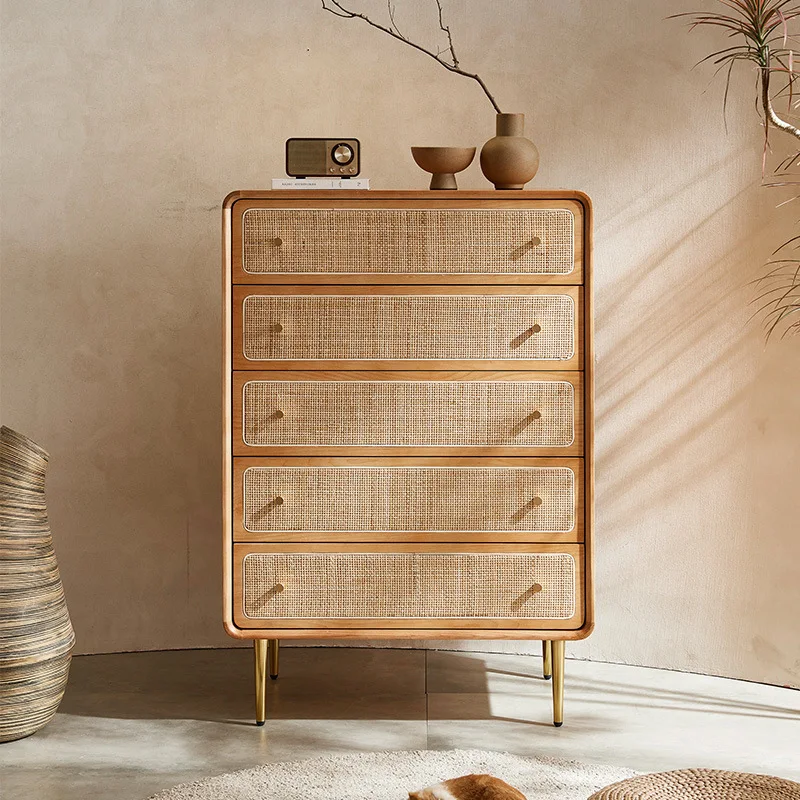 Solid wood rattan four five six bucket cabinet wabi-sabi wind dining side drawer storage porch cabinet