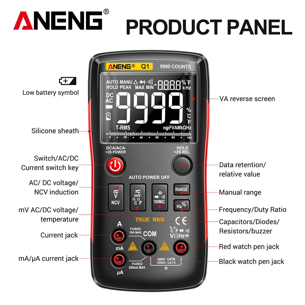 Imagem -05 - Multímetro Digital 9999 Analógico Tester True Rms Multímetro Profissional Faça Você Mesmo Transistor Testadores Ncv Capacitor Medidor Lcr Aneng-q1