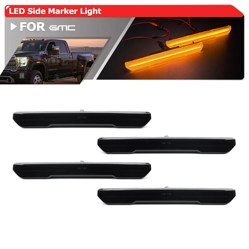 

4x Euro Smoked Front Rear Amber Led Fender Flare Side Marker Light For GMC Sierra Pickup 2500 3500HD 2020-2024 Denali Crew SLT