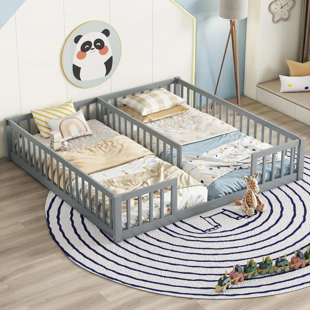 

Double Floor Bed Frames for Kids, Wood Montessori Bed with Fence Rails,Two Twin Bed Frames for Kids Boys Girls Children Beds