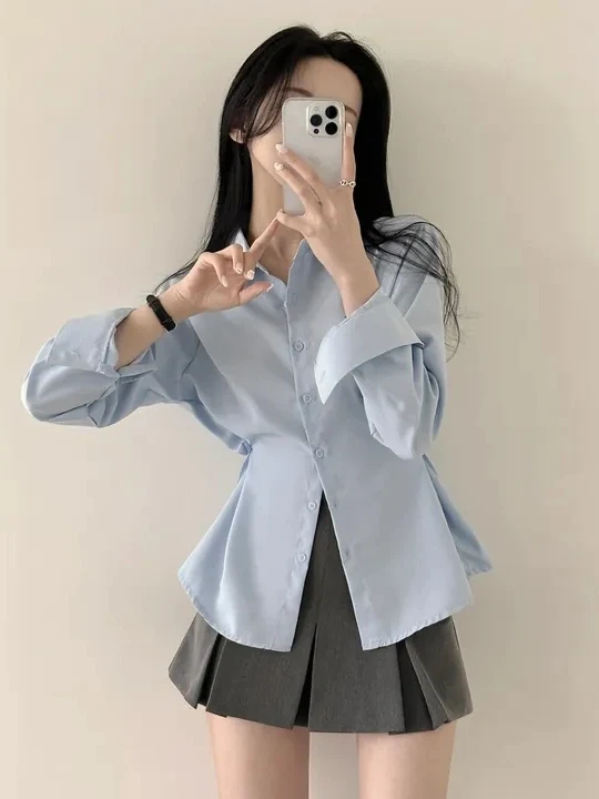 Camisa de Mujer Estilo Coreano, Cintura Plizada, Corte Entallado, Manga Larga, Cuello , Un Solo Botón, Diseño de Moda par...