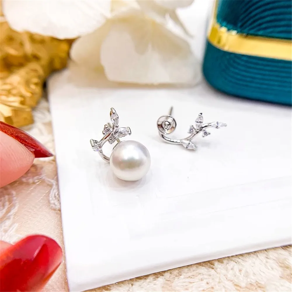 

DIY Pearl Accessories S925 Sterling Silver Stud Earrings Empty Tray Fashionable Silver Earrings Tray Female Fit 7-8mm Beads E349