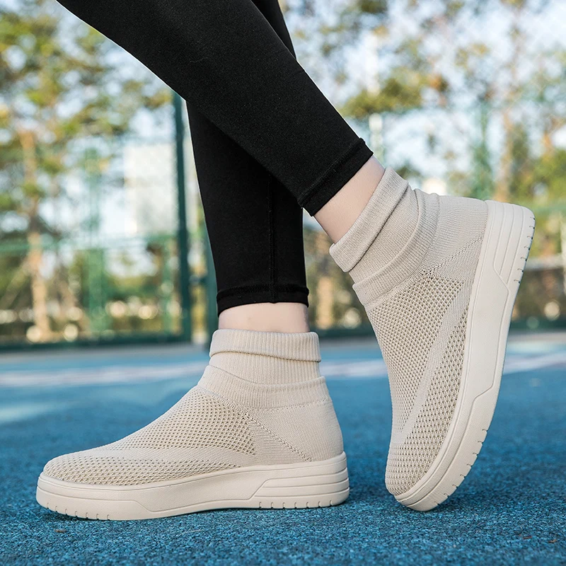 Men Thick Bottom Sneakers Autumn Couple New Non-slip Sock Shoes Breathable Mesh Round Head Casual Running High-top Flats Women