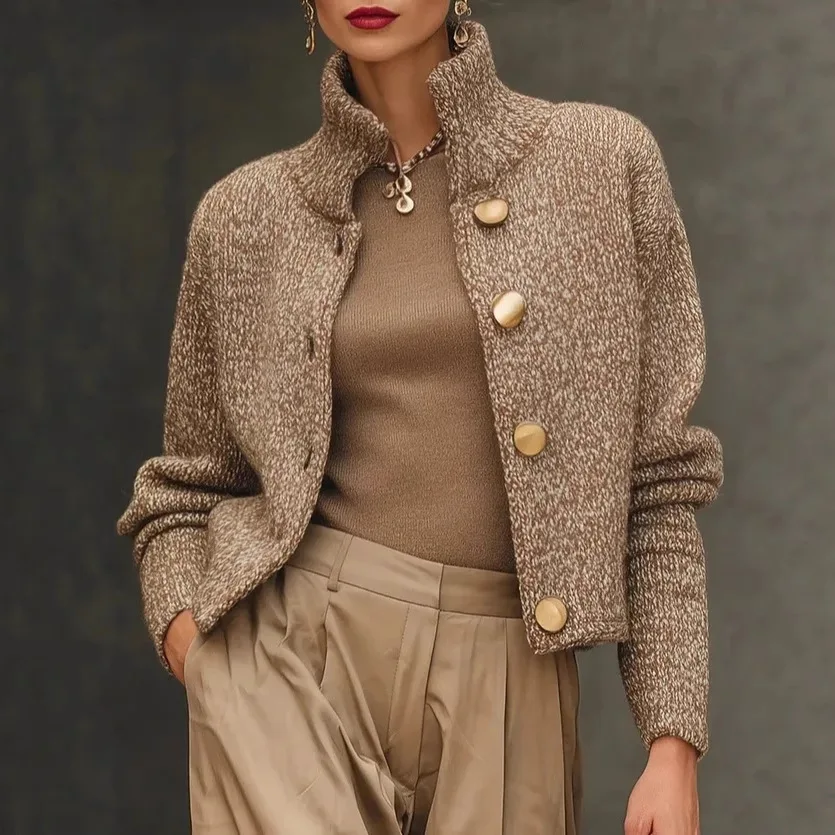 موضة عالية الرقبة زر سترة متماسكة سترة المرأة 2025 الخريف الشتاء طويلة الأكمام سترة معاطف عادية