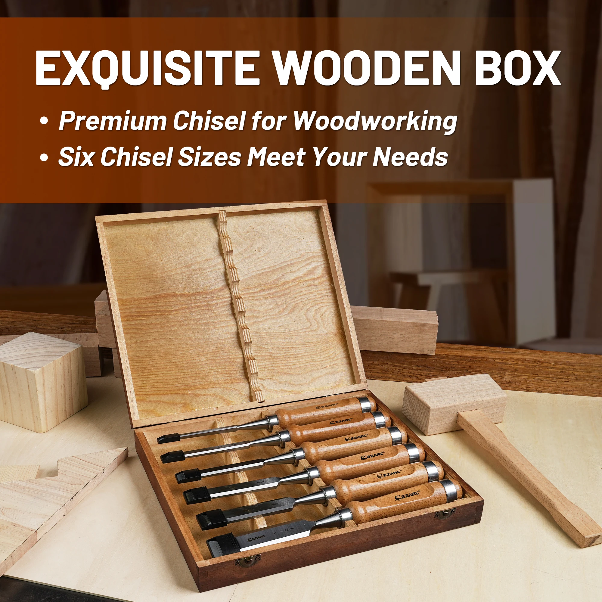 EZARC 6 Pieces Wood Chisel Tool Sets Woodworking Carving Chisel Kit with Premium Wooden Case for Carpenter Craftsman