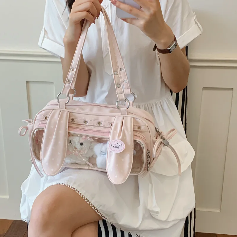 水玉模様のボストンイタバッグかわいいウサギの耳ファッショントップハンドル脇の下ショルダーバッグ女子学生用個性多用途ハンドバッグ