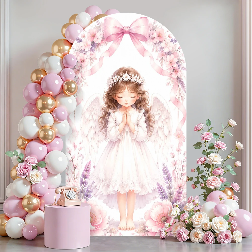 My First Communion Arch Backdrops Cover Flowers God Bless Holy Cross Dove Girl Boy Baptism Baby Shower Decor Arched Background