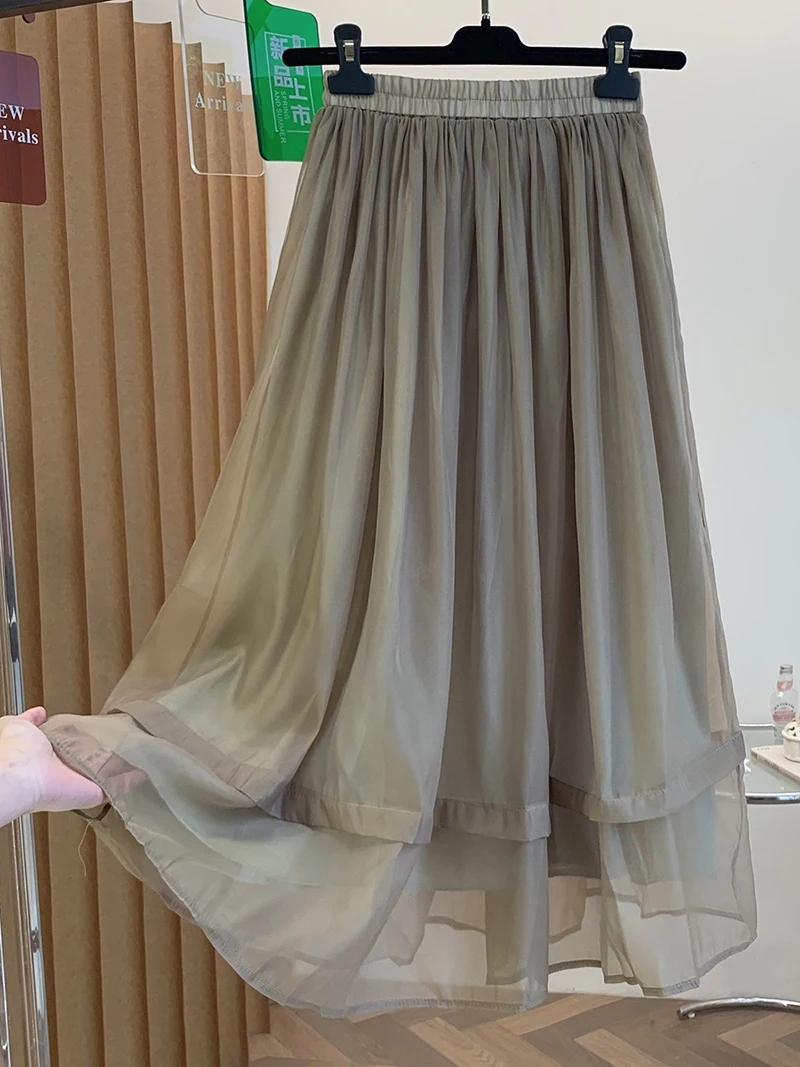 

RAIN YAN LIN Французская элегантная однотонная сетчатая юбка, женская летняя новая модная универсальная офисная юбка, повседневная пляжная юбка