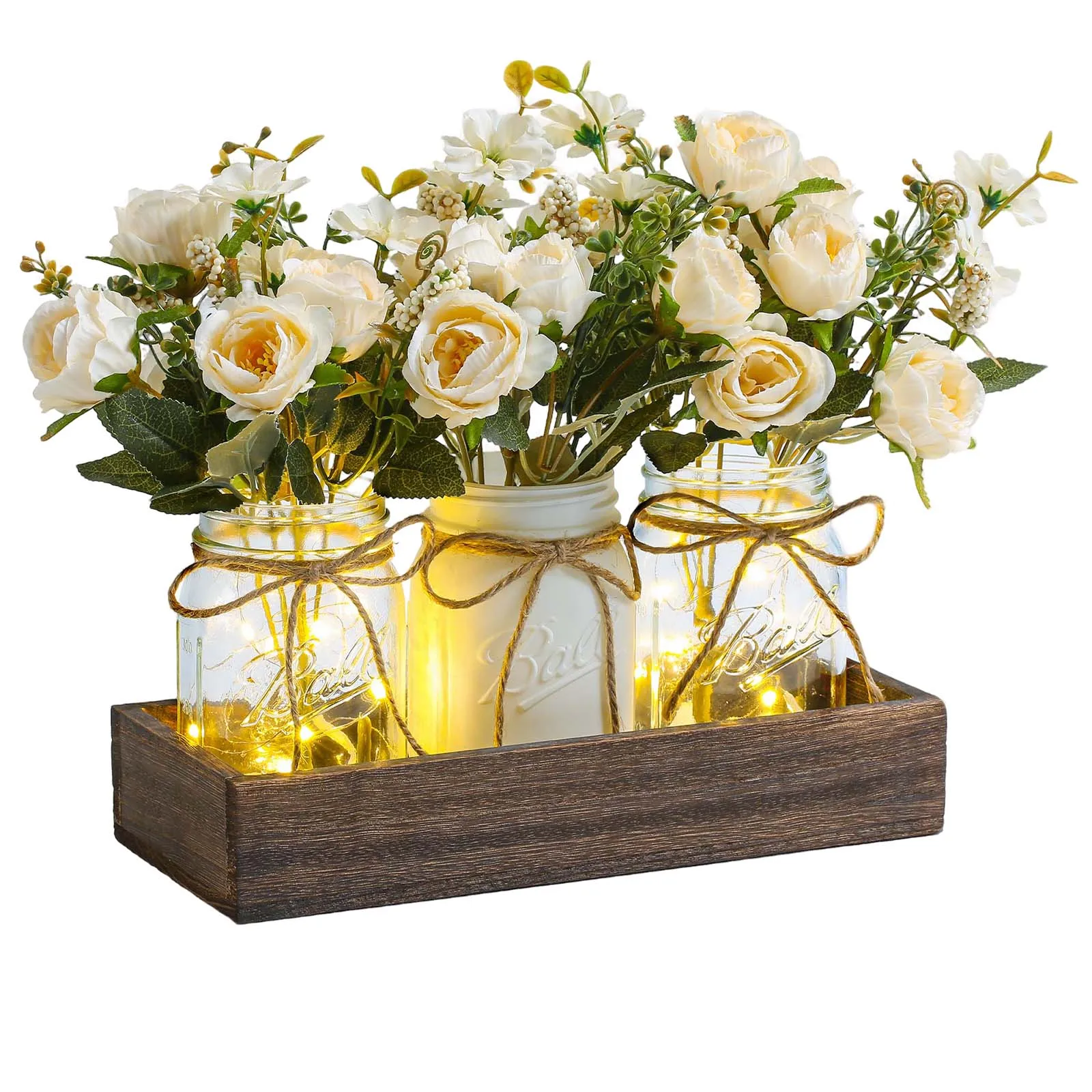 

Artificial silk flowers with LED lights in a wooden box, artificial flowers with vase for home office desk kitchen decoration, V
