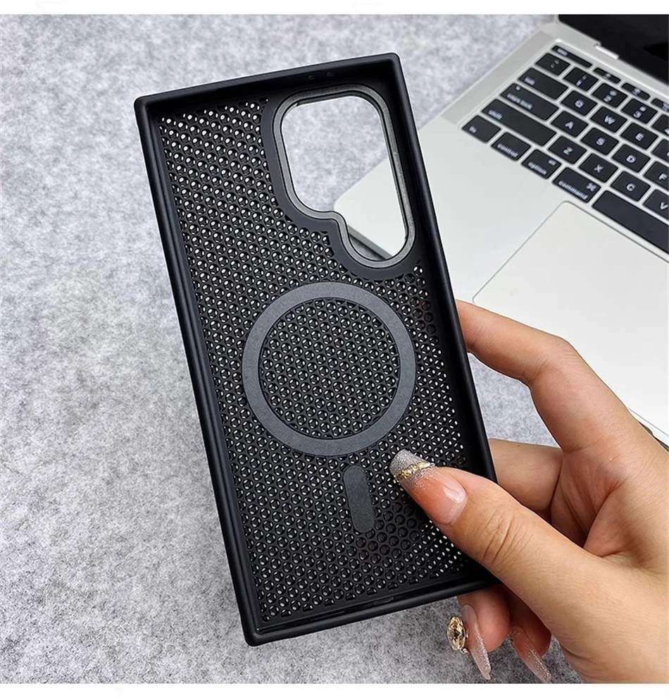 Griglia a nido d'ape Mesh di raffreddamento per custodia Magsafe per Samsung Galaxy S25 Ultra S24 S23 Plus Cover rigida con lente in lega mangetica smerigliata