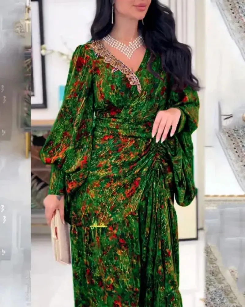 فستان سهرة أنيق للسيدات البالغات مخصص فستان كاجوال بخصر مقسم ورقبة على شكل حرف V فستان مأدبة مطبوع مع حزام #3