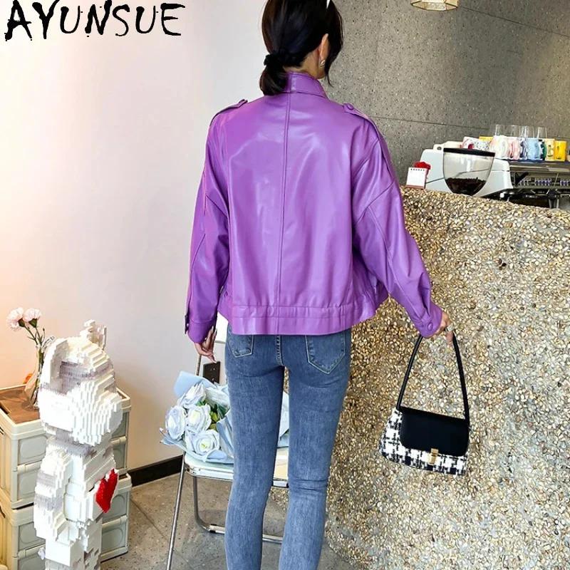 AYUNSUE-chaqueta de cuero genuino para mujer, abrigo de piel de oveja Real, prendas de vestir sueltas de estilo coreano, Otoño e Invierno