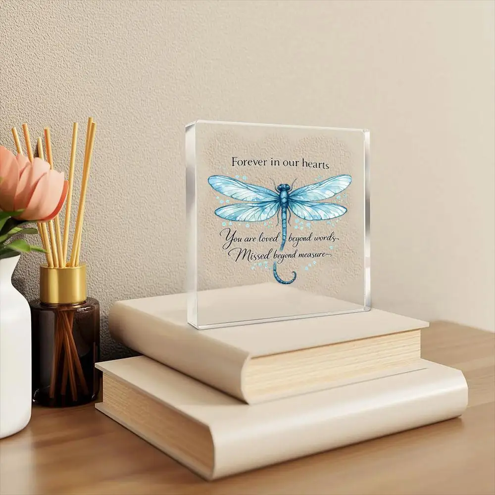 Memorial Blue Dragonfly Acrylic Paperweight, Sympathy Gift for Loss of Loved One, Grief Keepsake for Home Decor