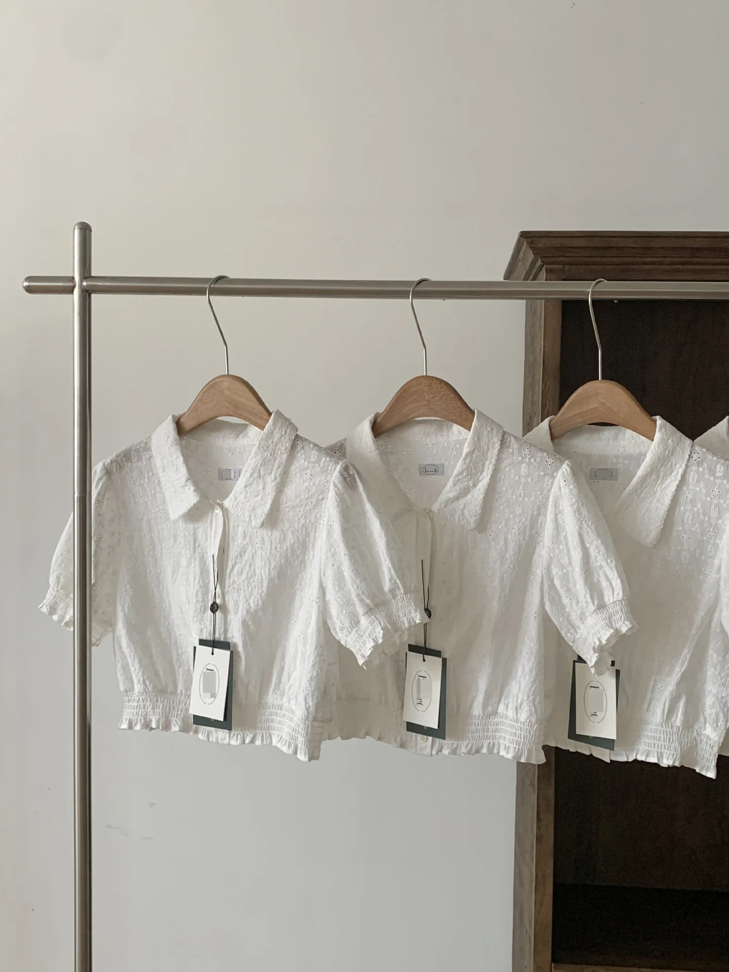 

Spot 2025 summer new t temperament turned embroidery hollow short-sleeved shirt women