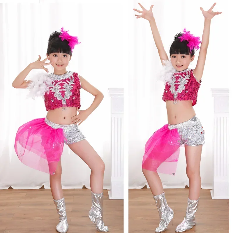 เด็กสาวสีชมพูร้อน Silver Sequins Glitter JAZZ Hip Hop เครื่องแต่งกายเสื้อกั๊กกางเกงกระโปรงรองเท้าสําหรับเด็ก MN1