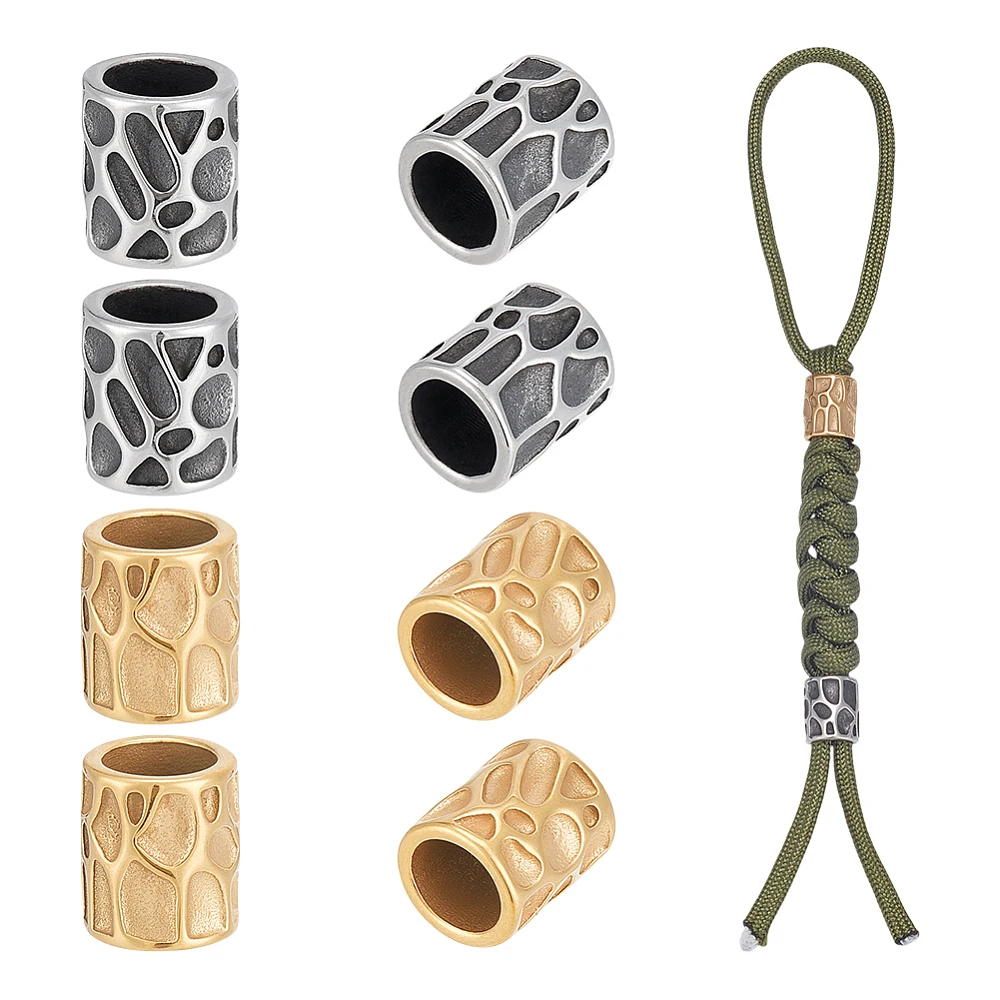 8Pcs 2 Colors Paracord Bead Column Lanyard Beads European Texture Bead Parachute Beads Stainless Steel Connector Charm for Hair