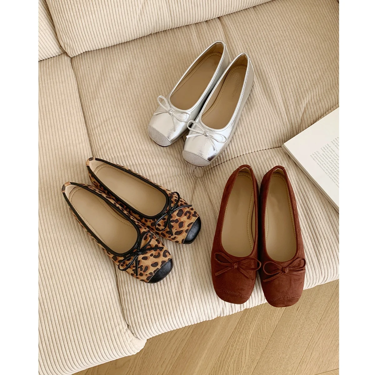 

Elegant Bow Square Toe Flats for Women, Casual Soft Sole Mary Jane Shoes, Fashion Leopard Print/Silver Slip-on Shoes for Party D