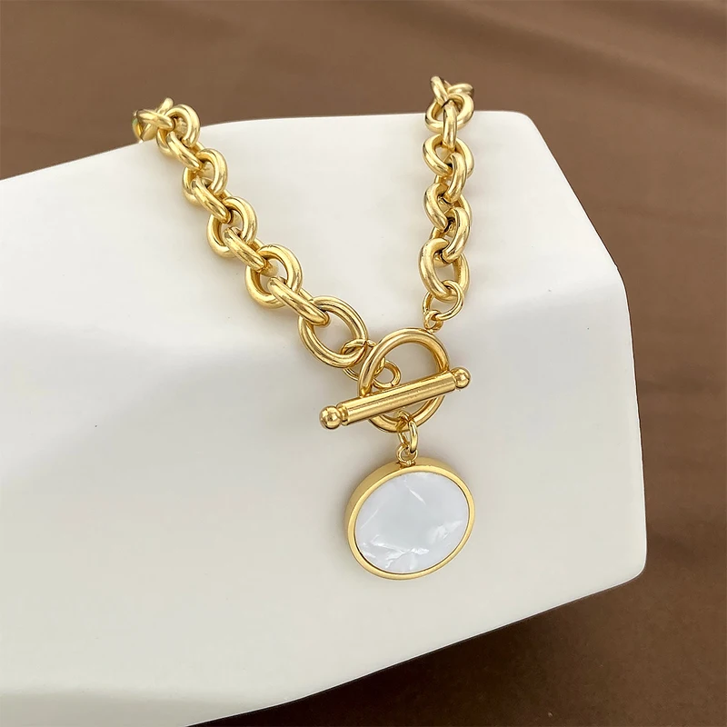 MEYRROYU Stainless Steel Round Pendant Enamel Necklaces Gold Color Chain Choker 2023 New For Women Fashion Gift Jewelry Collier