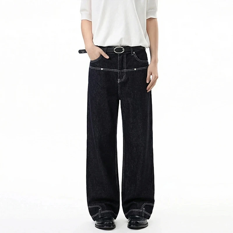 Minimalist Men's Jeans Contrast Stitch Patch Detail Dark Wash Wide Leg Fit Casual Streetwear Denim Long Pants