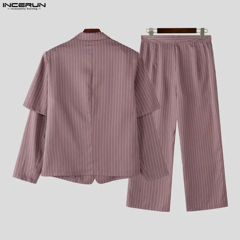 INCERUN 남성 스트라이프 세트 라펠 긴 소매 블레이저 & 바지 두 조각 세트 스트리트웨어 우아한 패션 캐주얼 남성 캐주얼 정장