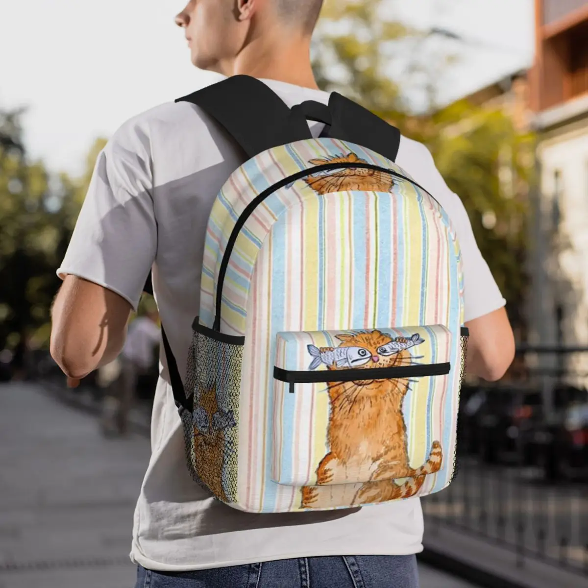 WhimsyCat Cartoon Cat With Fish Design 7 Backpack Student BookBag Kids School Bag Laptop Shoulder Bags for Men Women