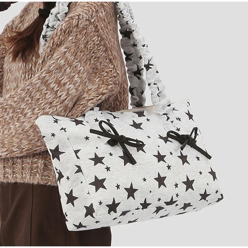 Schultertasche mit Polka-Dot-Schleife und Sternstreifen-Dekor, minimalistische, frische, lässige Nischen-Tragetasche, große Pendler-Handtasche für Damen – Detail 11