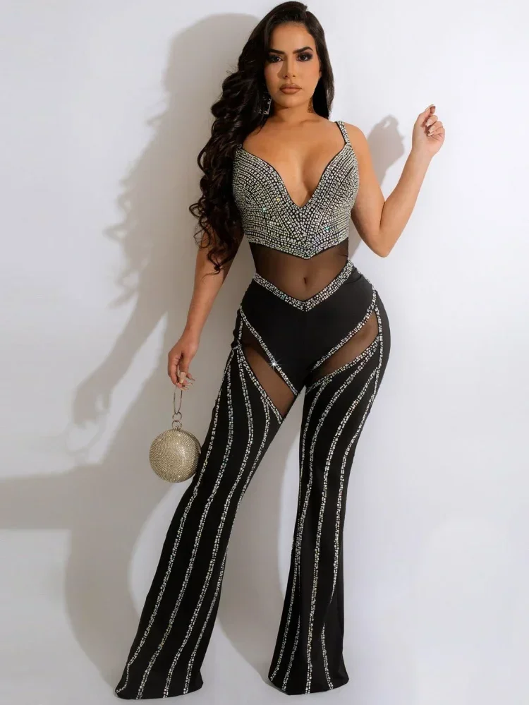 

KEXU Sheer Mesh Patchwork Diamonds Jumpsuit Women Sexy V Neck Spaghetti Straps Backless Flare Pants Clubwear Party Overalls