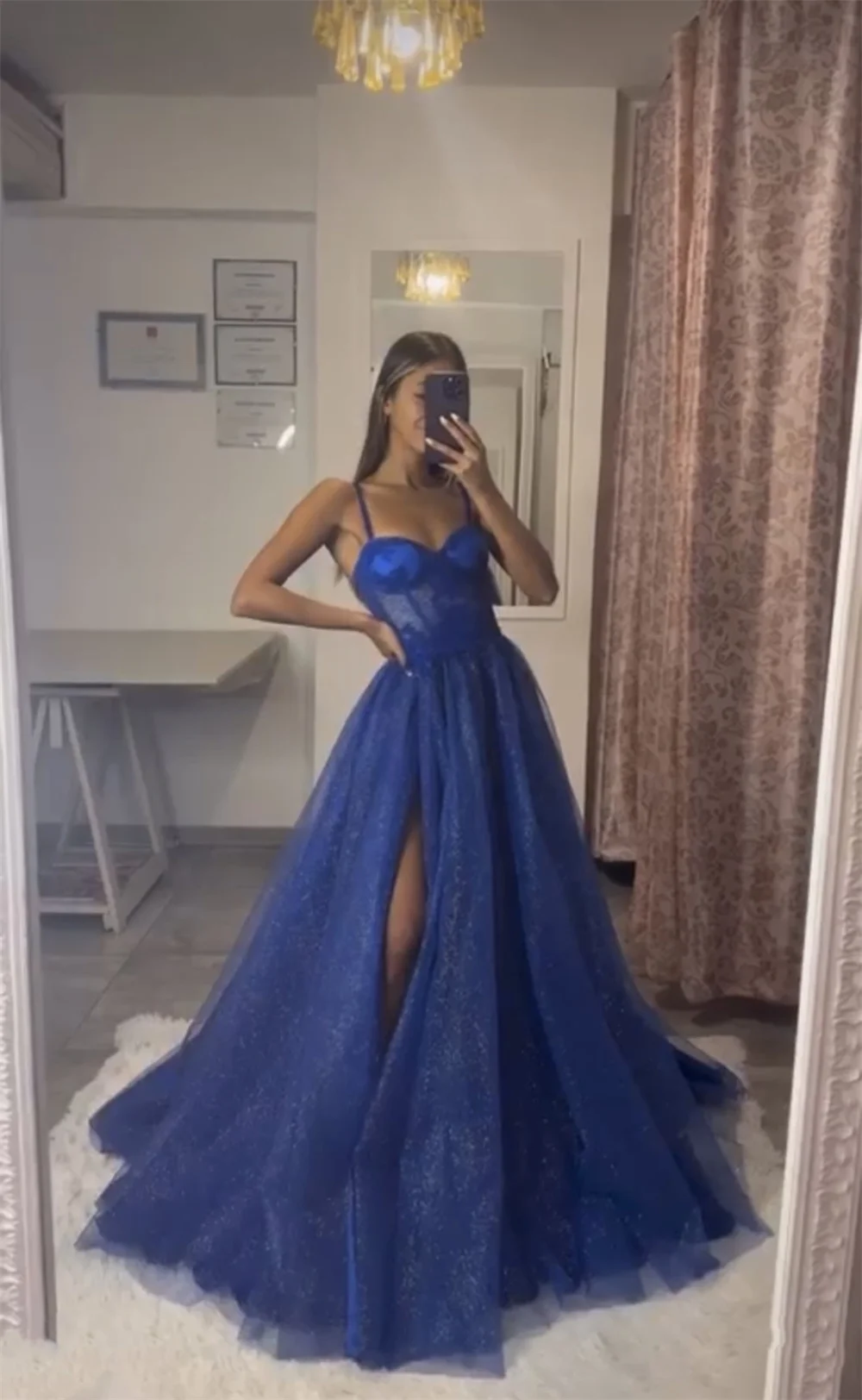 Jessica Royal Blue Prom Dresses Spaghetti Straps Glitter Tulle Prom Dress Princess Graduation In Shiny Corset Party Dresses