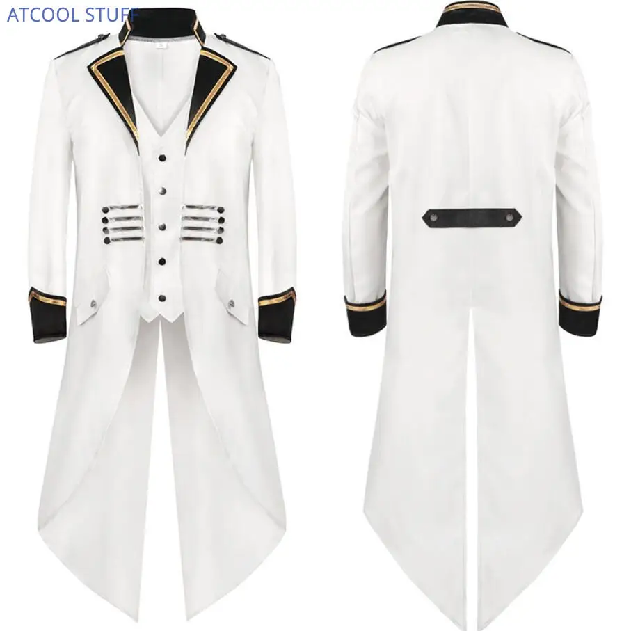 Military Medieval Men Costume White Sailor Officer Cosplay Jacket Trench Coat Victorian Renaissance Style Clothing S-4XL