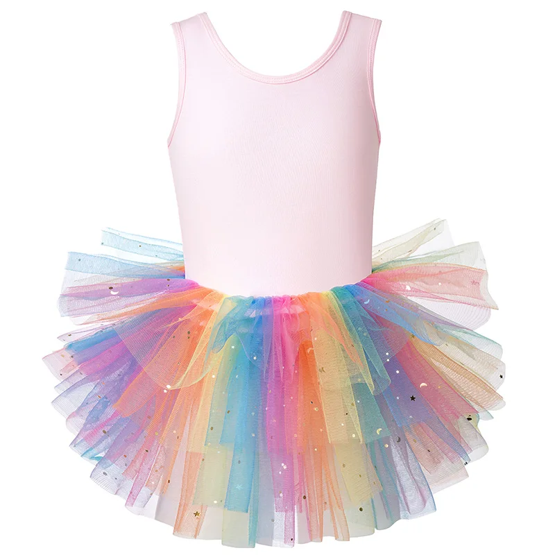 Танцевальная майка-пачка для девочек, балетное танцевальное трико для детей, танцевальная практика с блестящим дизайном и юбкой на промежности