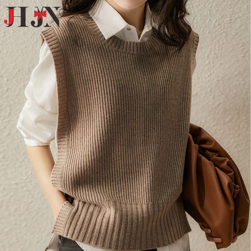 Hot Selling Knitted Vest For Women Solid Sleeveless Pullovers Casual Sweater Side Split Fork Tank Tops 2024 Korean Girl Clothing