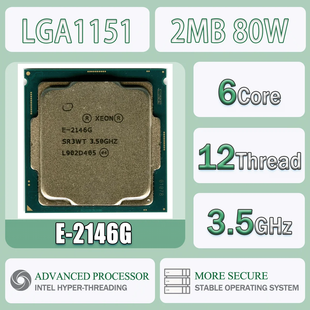 Intel Xeon E2146G 3.5GHz 6 cœurs 12 fils 2 mo 80 W Cache ordinateur processeur d'unité centrale serveur E-2146G paquet LGA1151 DDR4 SR3WT